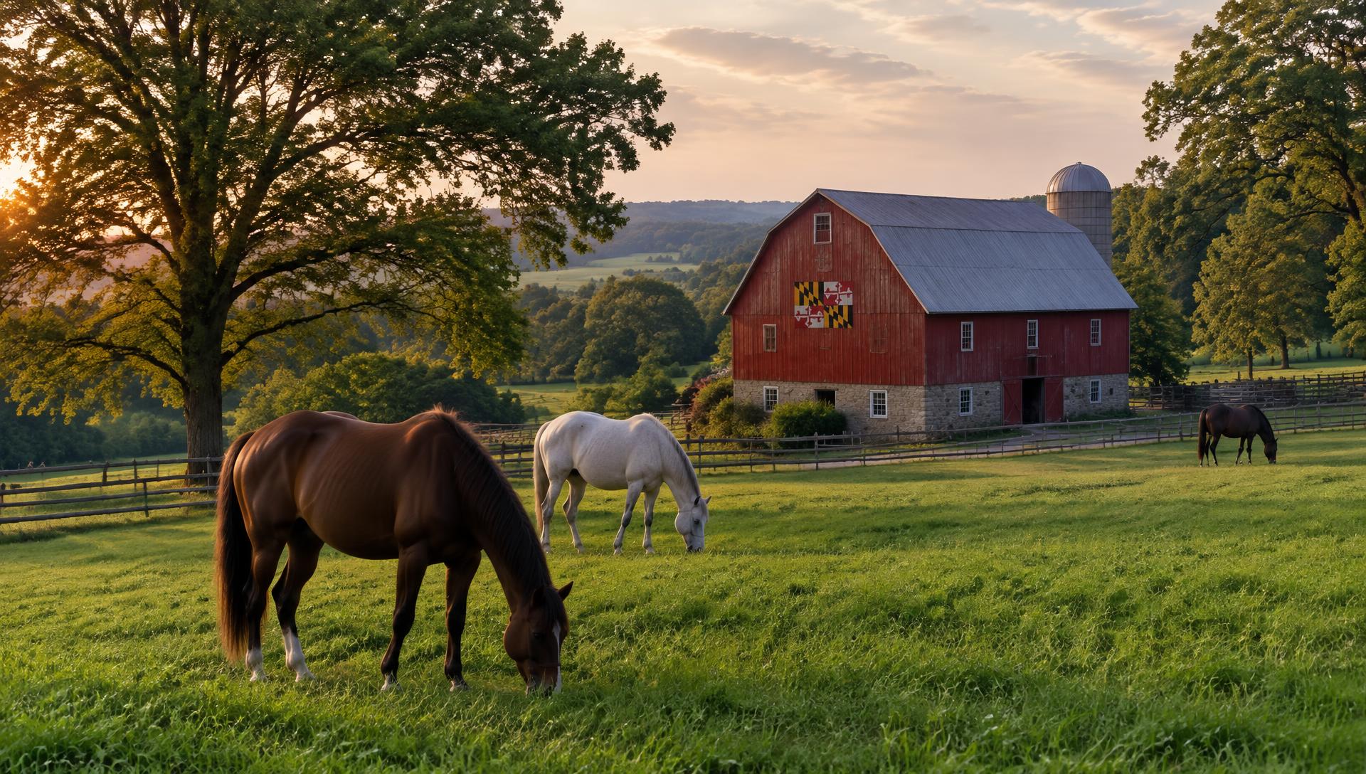 Horses grazing in a green pasture with a historic barn at Harley Farm