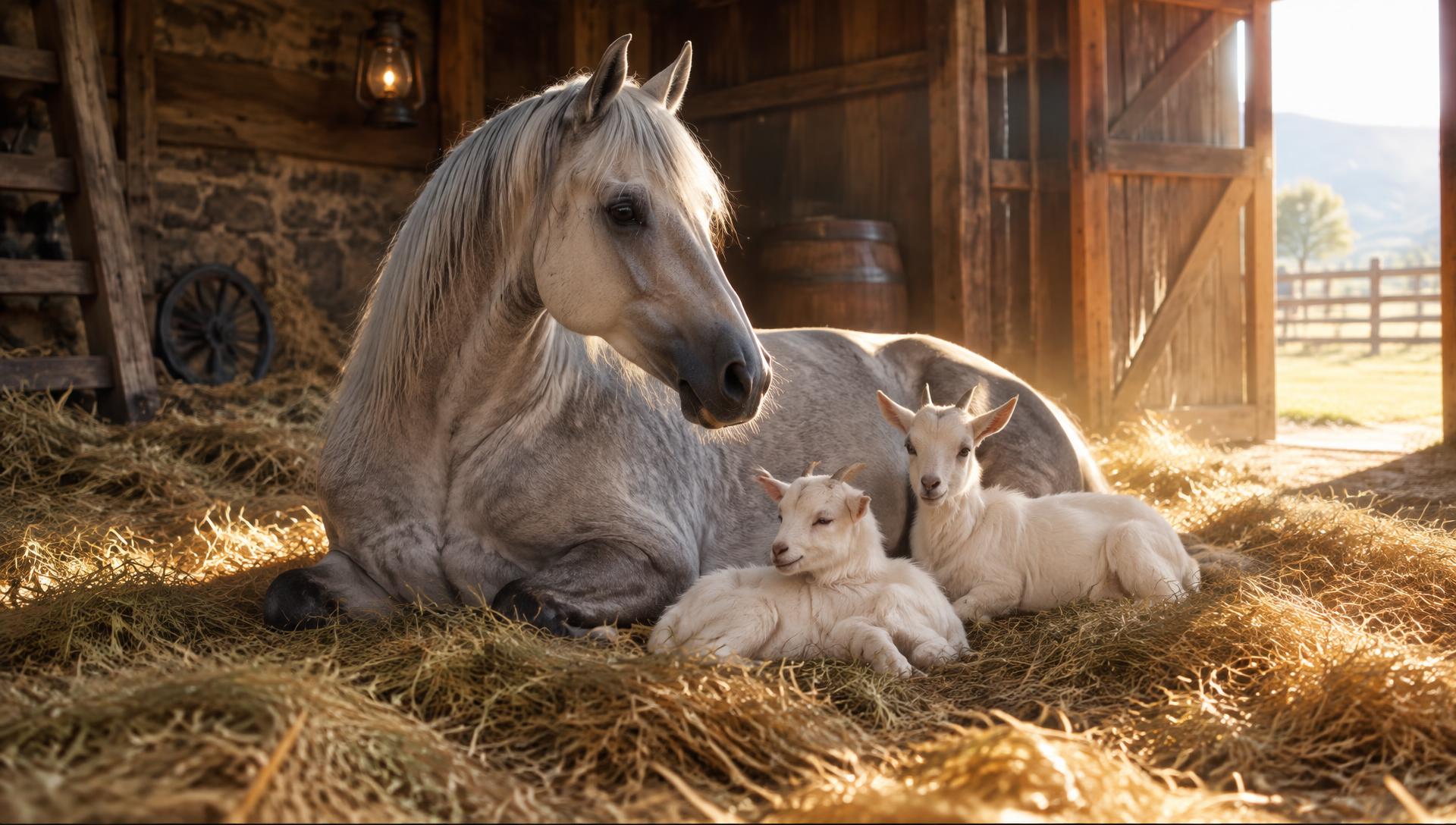 A horse resting in the barn with Cashmere goat kids at Harley Farm